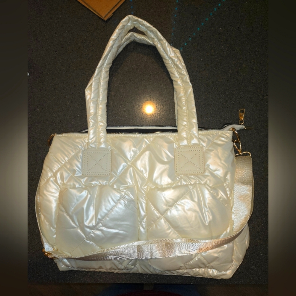Elegant Pearl Color Puffy Quilted Tote Bag